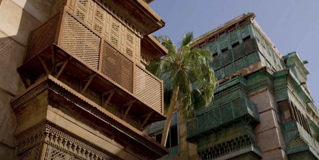 Filming in Al Balad: coral-stone houses with carved wooden rawasheen