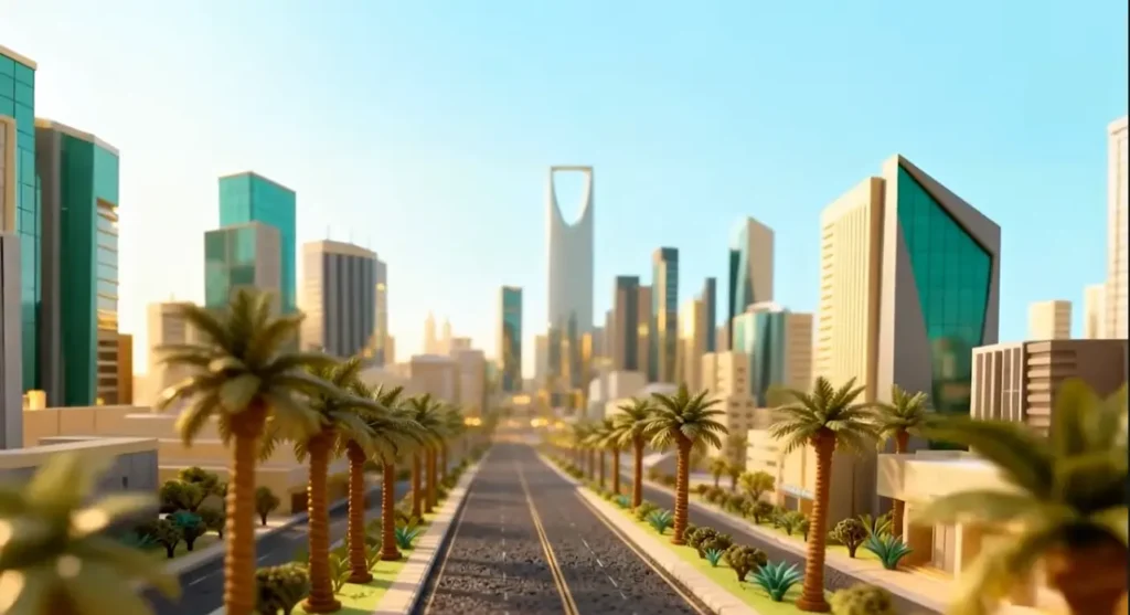 3D animated view of Riyadh’s skyline, featuring the Kingdom Centre Tower, modern skyscrapers, and a palm-lined road in Saudi Arabia.