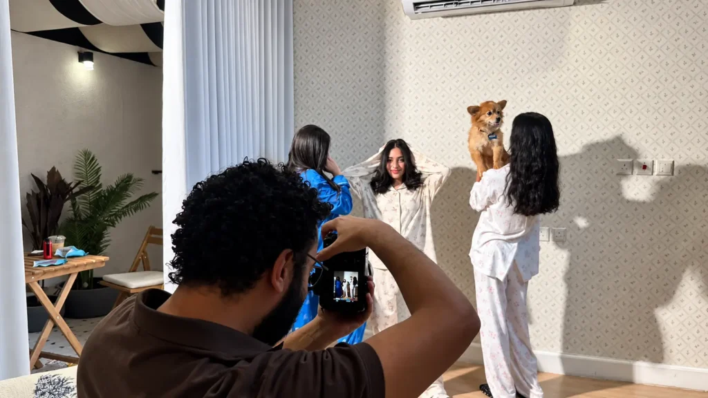 Behind the scenes of product photography production for a pyjama brand