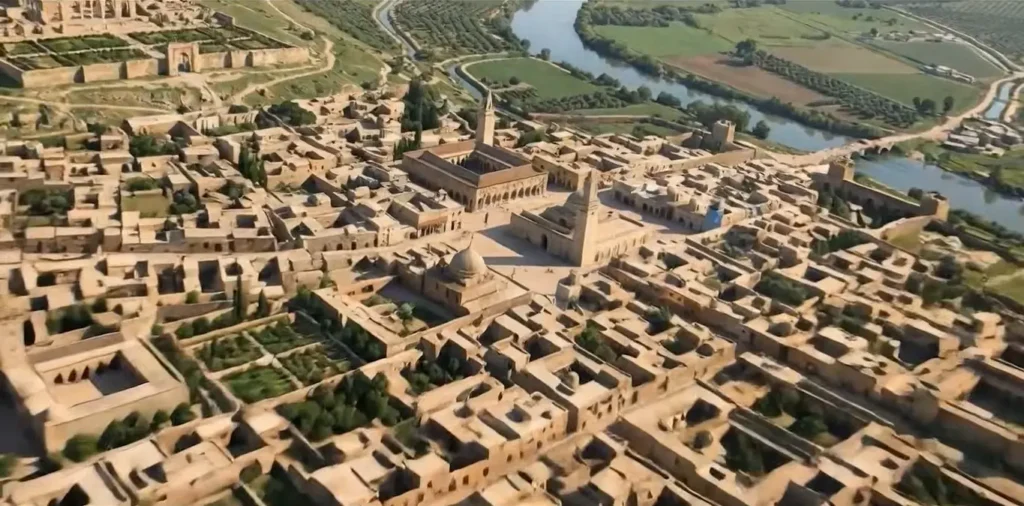 AI generated aerial view of a historic Middle Eastern city beside a river