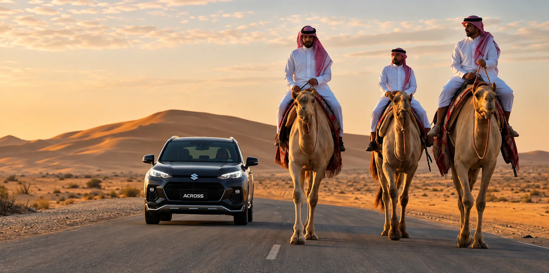 AI generated scene of Saudi camel riders beside a Suzuki vehicle in the desert