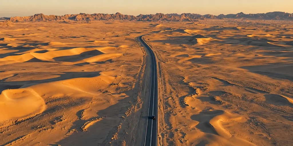 AI generated aerial view of a road crossing the Saudi desert landscape