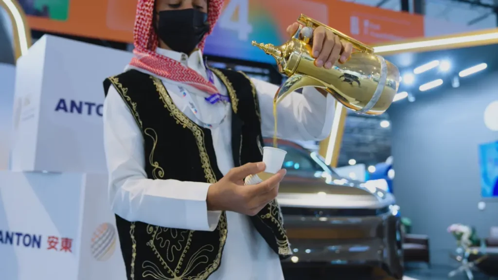 Traditional Saudi coffee being served at the Al Sharif Group exhibition booth during the 25th WPC Energy Congress in Riyadh.
