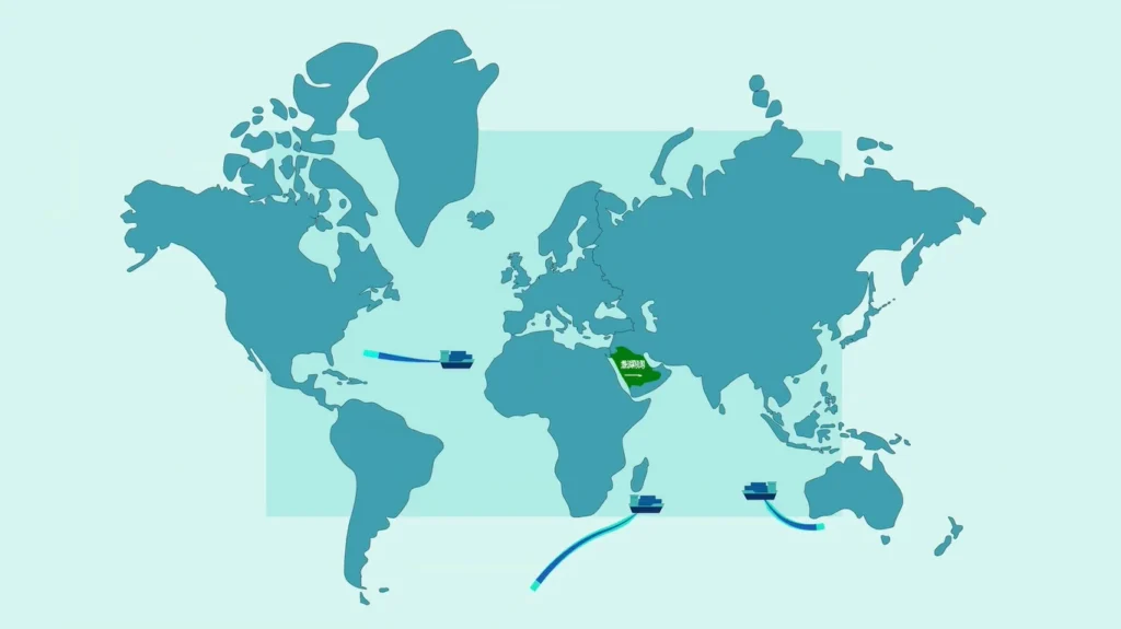 World map animation showing Saudi Arabia connected to global trade routes by cargo ships