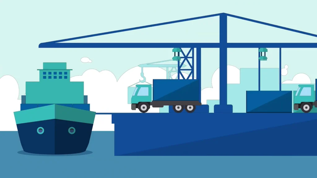 Animated cargo ship and trucks at a seaport representing international trade and logistics
