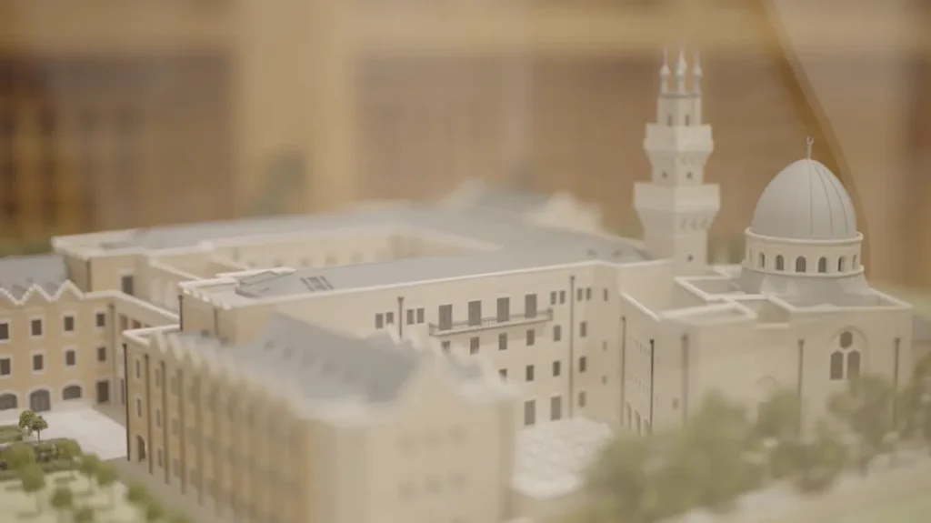 Architectural scale model of a mosque and surrounding buildings in Saudi Arabia