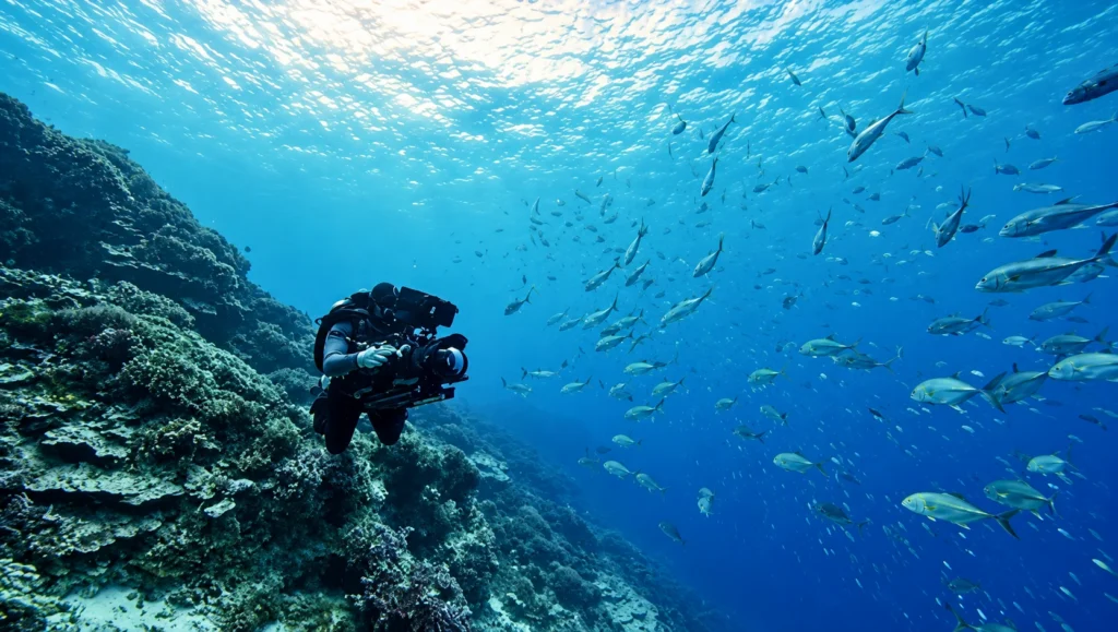 Underwater cinematographer operating a professional cinema camera rig while scuba diving in deep blue water.