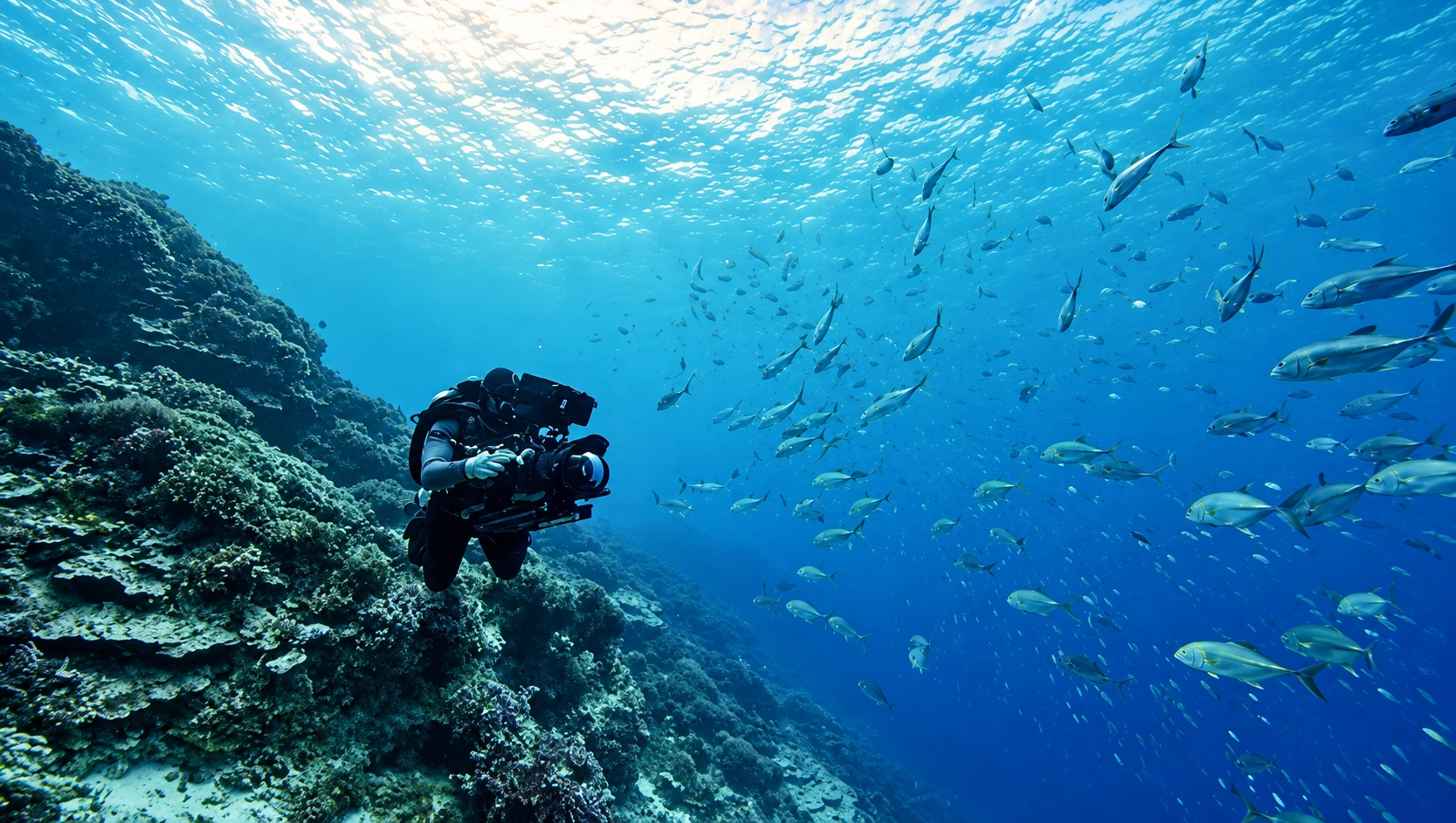 Underwater cinematographer operating a professional cinema camera rig while scuba diving in deep blue water.